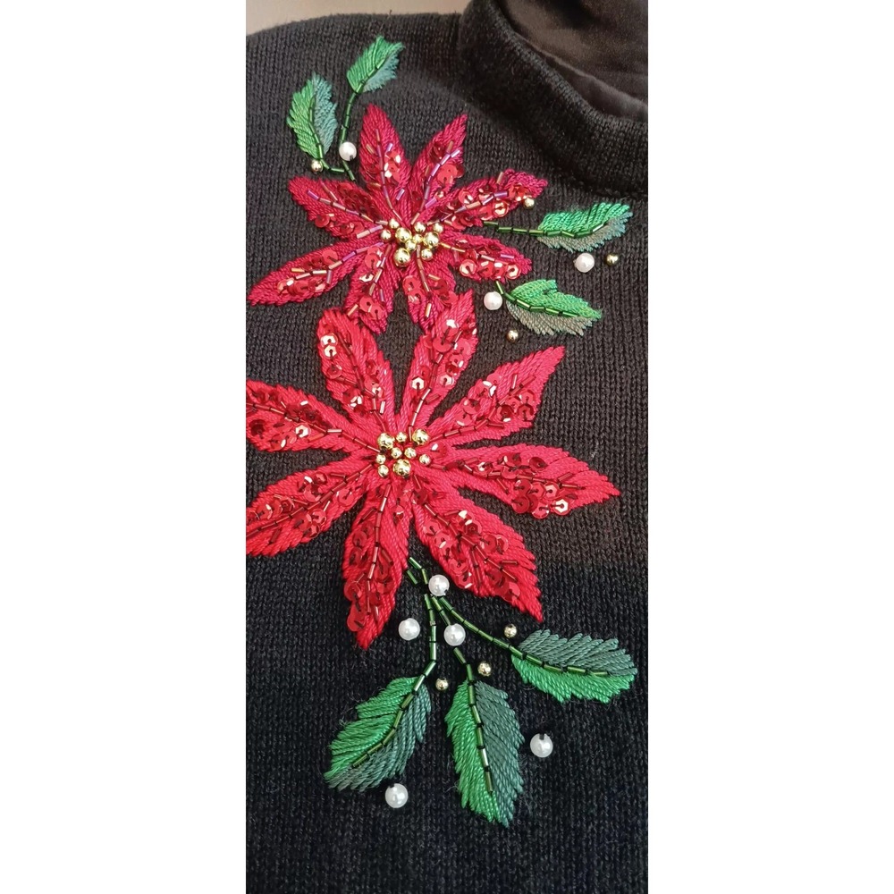 Womens Cardigan S Ugly Christmas Sweater Beaded Sequin‎ Poinsettia 90s Vintage - Picture 9 of 10
